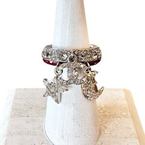 Authentic CHANEL Strass Silver & Gold Metal Moon Star CC Crystal Ring Size 6